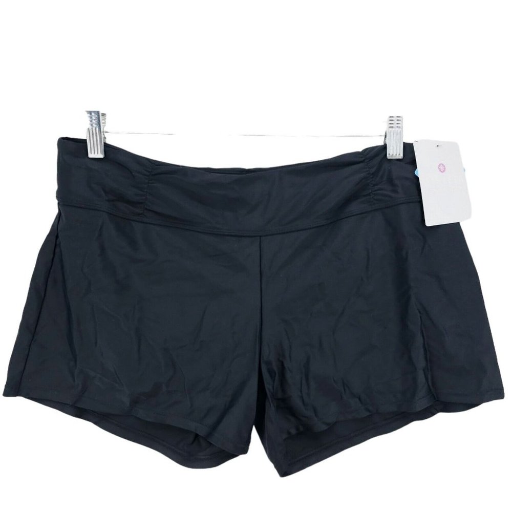 NWT ATHLETA Black Shirred Band Swim Lined Shorts Drawstring Pocket Size Large